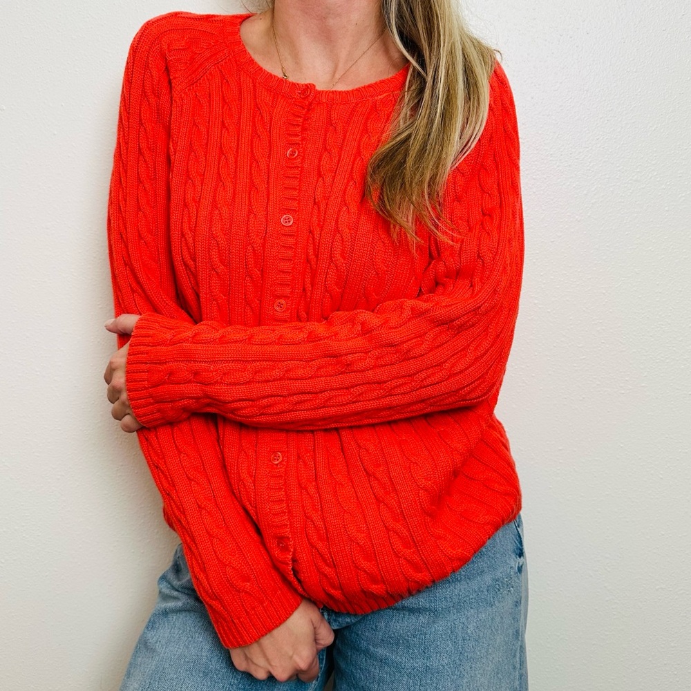 Vintage L.L.Bean Cable Knit Cardigan Sweater Salmon Color - Picture 2 of 8